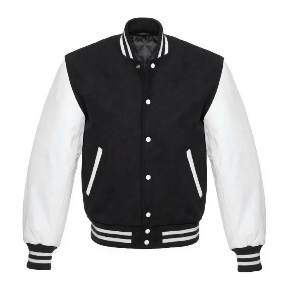 Black and White Varsity Jacket with Wool Body and Leather Sleeves