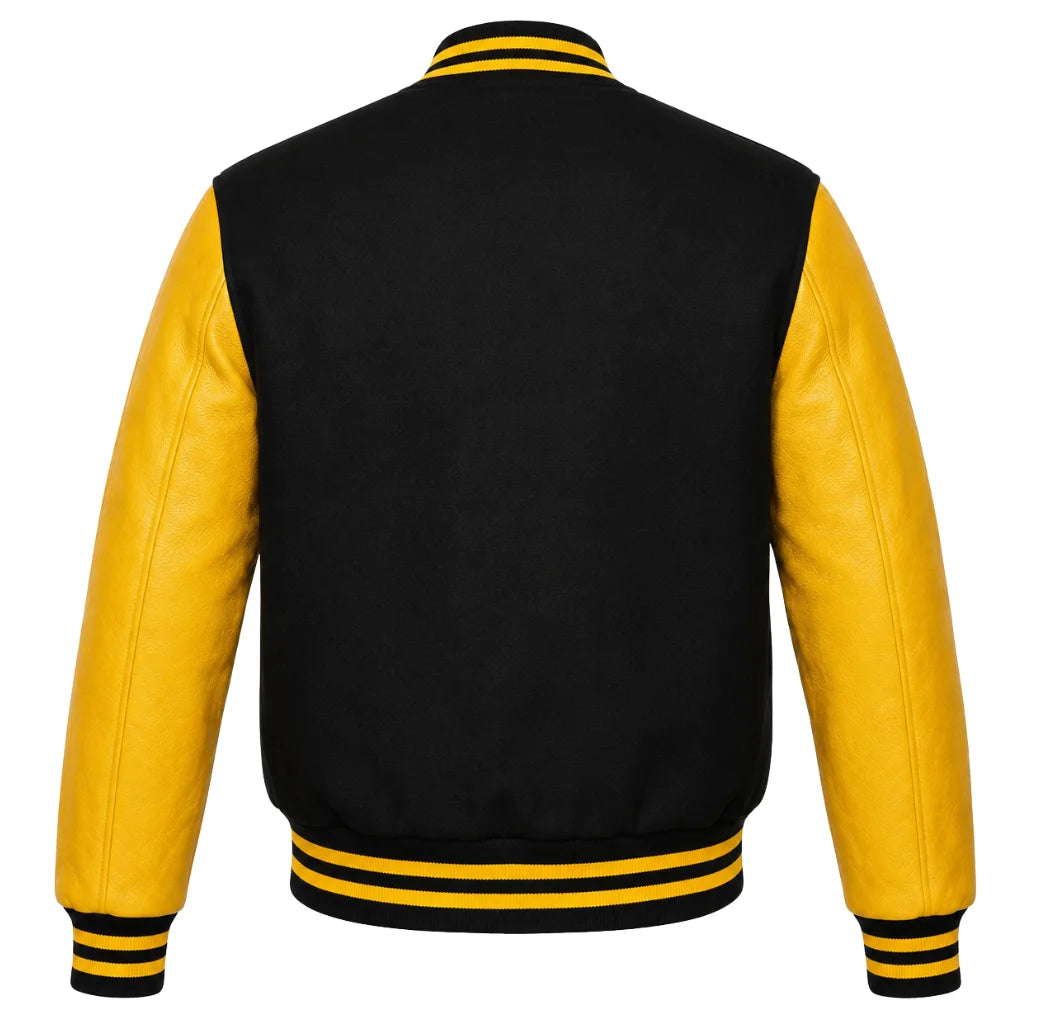 Black wool letterman jacket with yellow cowhide sleeves, back view