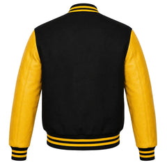 Black wool letterman jacket with yellow cowhide sleeves, back view