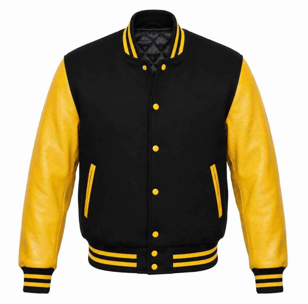 Black melton wool letterman jacket with yellow leather sleeves, front view