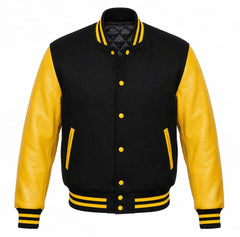 Black melton wool letterman jacket with yellow leather sleeves, front view