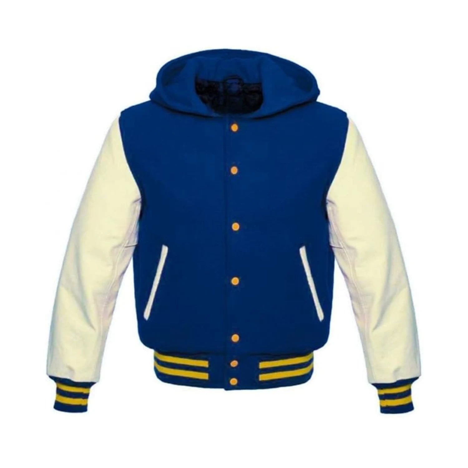 Blue Wool and Beige Leather Hooded Varsity Jacket