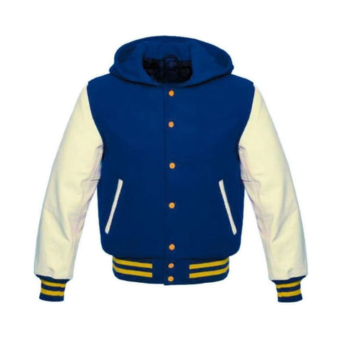 Blue Wool and Beige Leather Hooded Varsity Jacket
