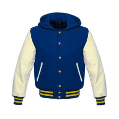 Blue Wool and Beige Leather Hooded Varsity Jacket