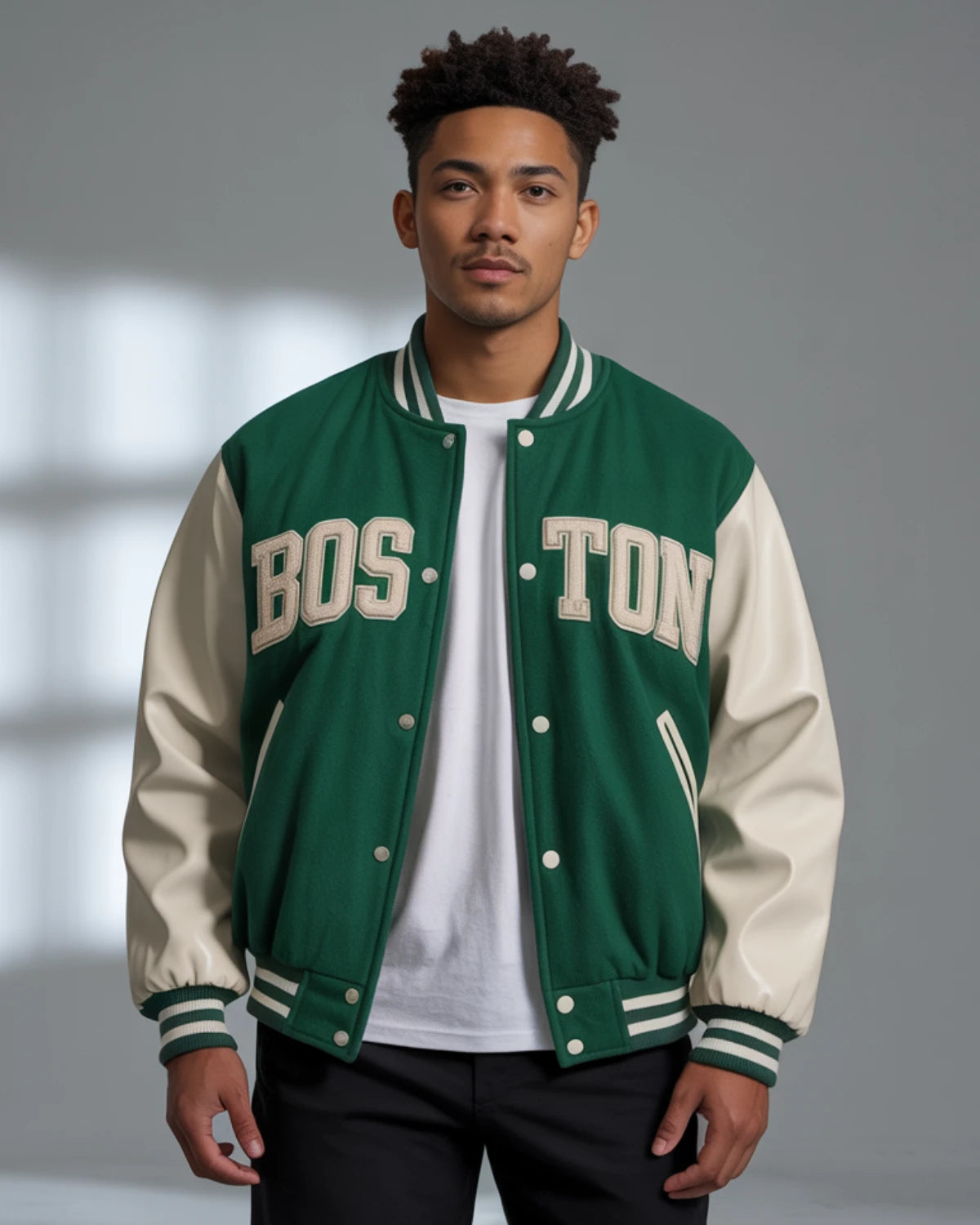 Person wearing a green and white varsity jacket with 'Boston' text on a gray background
