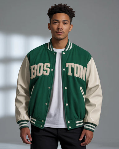 Person wearing a green and white varsity jacket with 'Boston' text on a gray background
