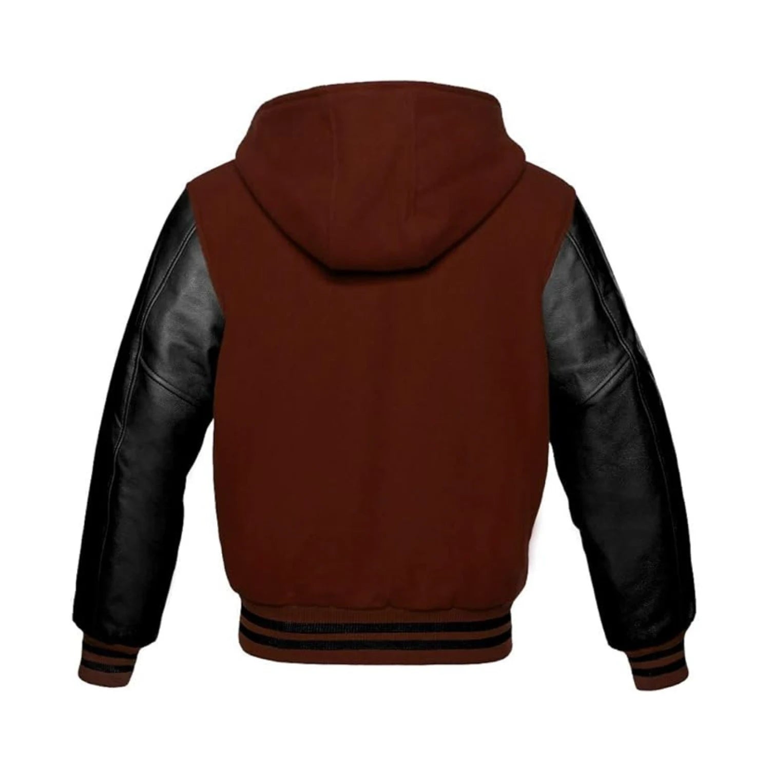 Brown Wool and Black Leather Hooded Varsity Jacket Back Side