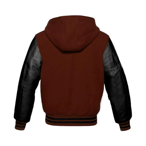 Brown Wool and Black Leather Hooded Varsity Jacket Back Side