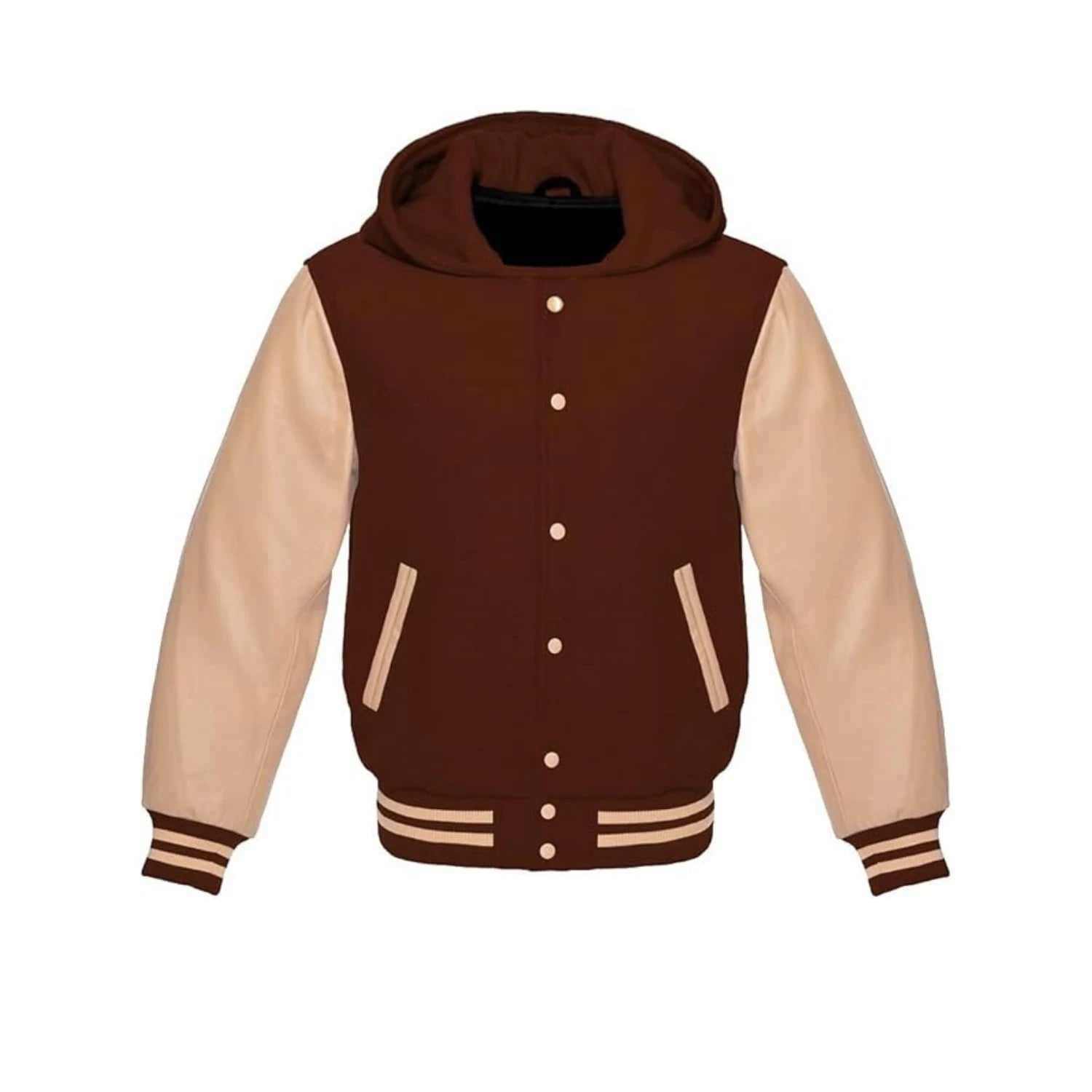 Brown Wool and Cream Leather Hooded Varsity Jacket