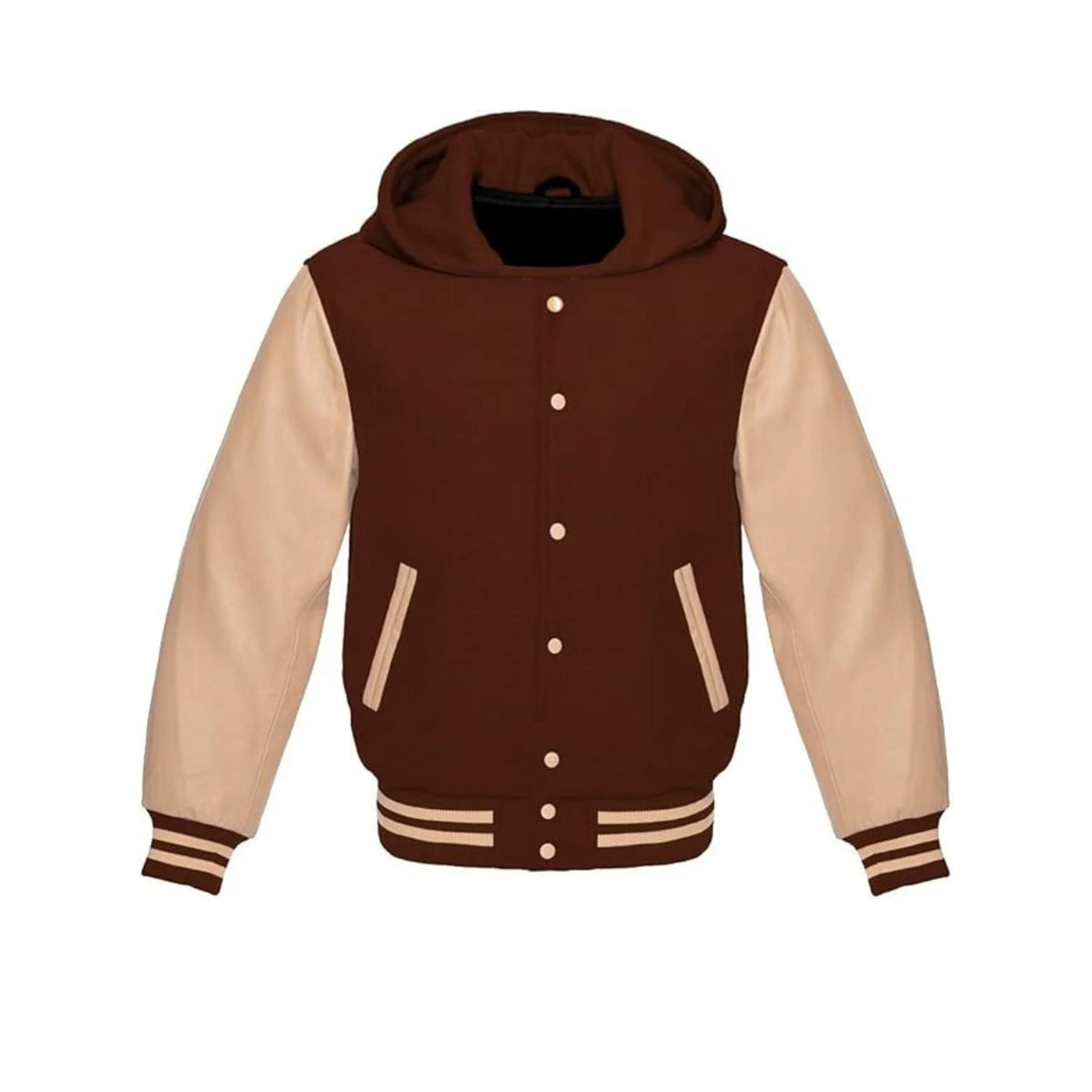 Brown Wool and Cream Leather Hooded Varsity Jacket