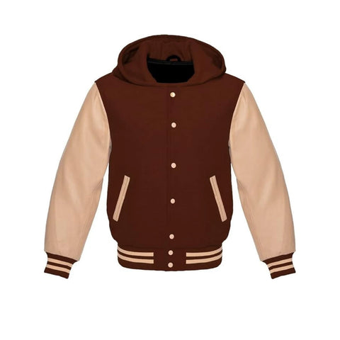 Brown Wool and Cream Leather Hooded Varsity Jacket