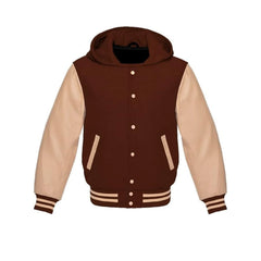 Brown Wool and Cream Leather Hooded Varsity Jacket