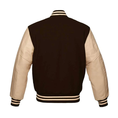Brown Wool and Cream Leather Varsity Jacket Back Side