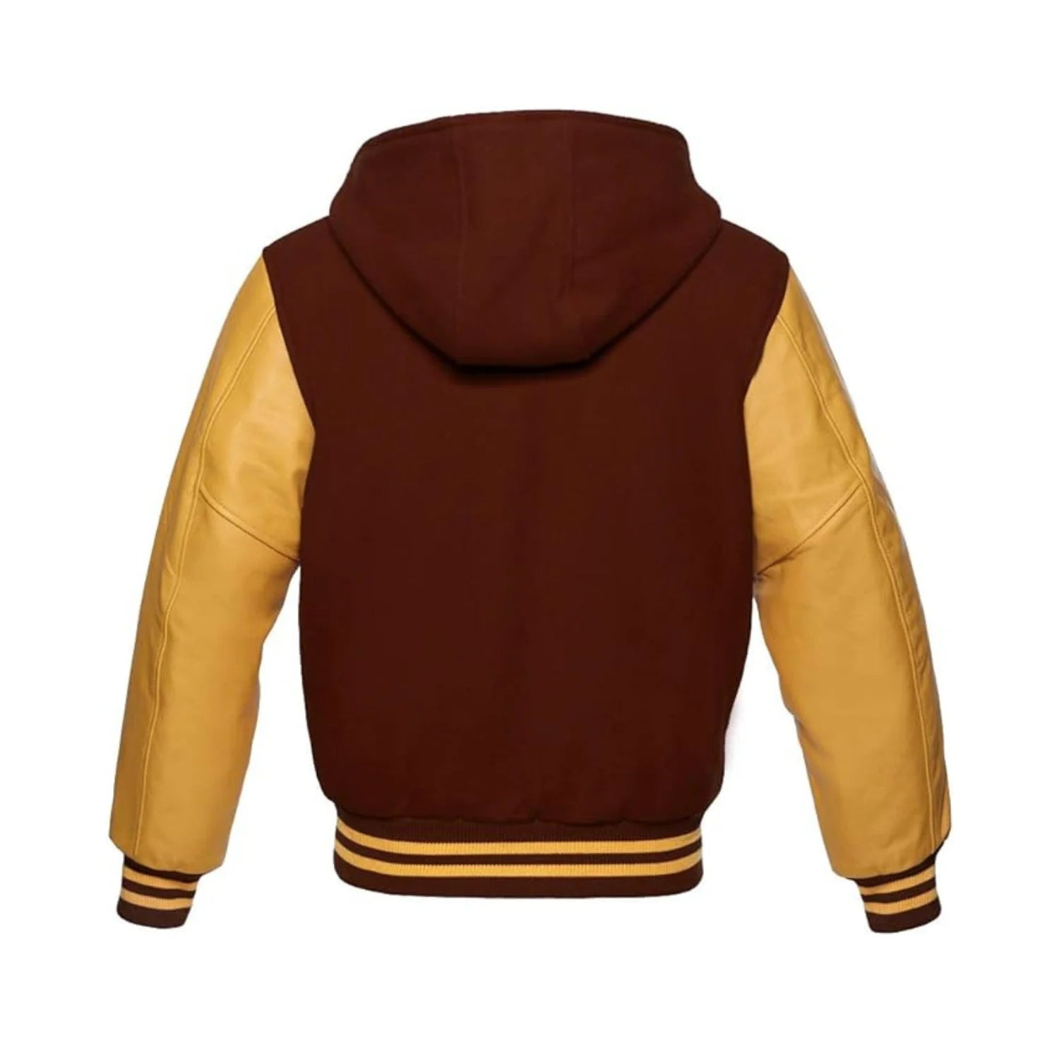 Brown Wool and Gold Leather Hooded Varsity Jacket Back Side