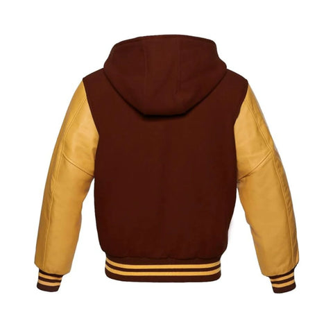 Brown Wool and Gold Leather Hooded Varsity Jacket Back Side