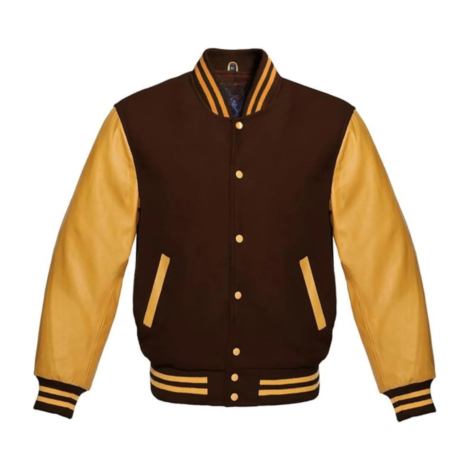 Brown Wool and Gold Leather Varsity Jacket