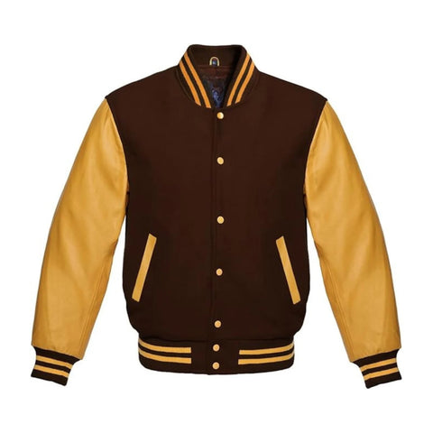 Brown Wool and Gold Leather Varsity Jacket