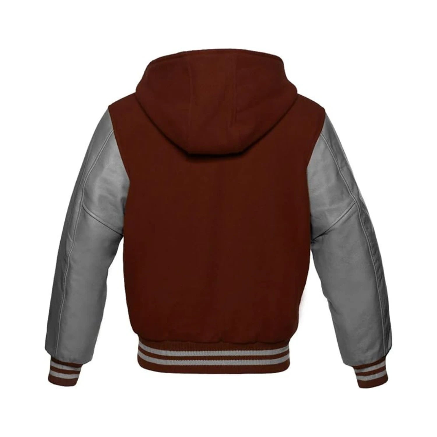Brown Wool and Grey Leather Hooded Varsity Jacket Back Side