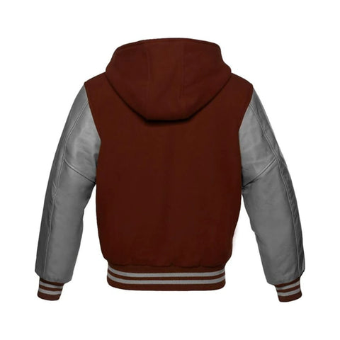 Brown Wool and Grey Leather Hooded Varsity Jacket Back Side