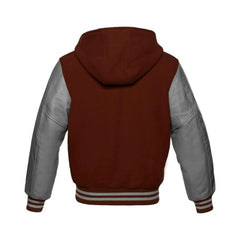 Brown Wool and Grey Leather Hooded Varsity Jacket Back Side