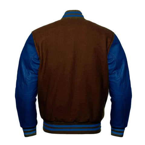 Brown Wool and Navy Leather Varsity Jacket Back Side