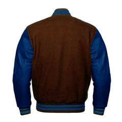 Brown and Navy Varsity Jacket with Wool Body and Leather Sleeves Back Side