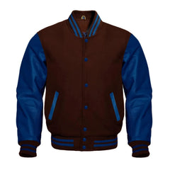 Brown and Navy Varsity Jacket with Wool Body and Leather Sleeves