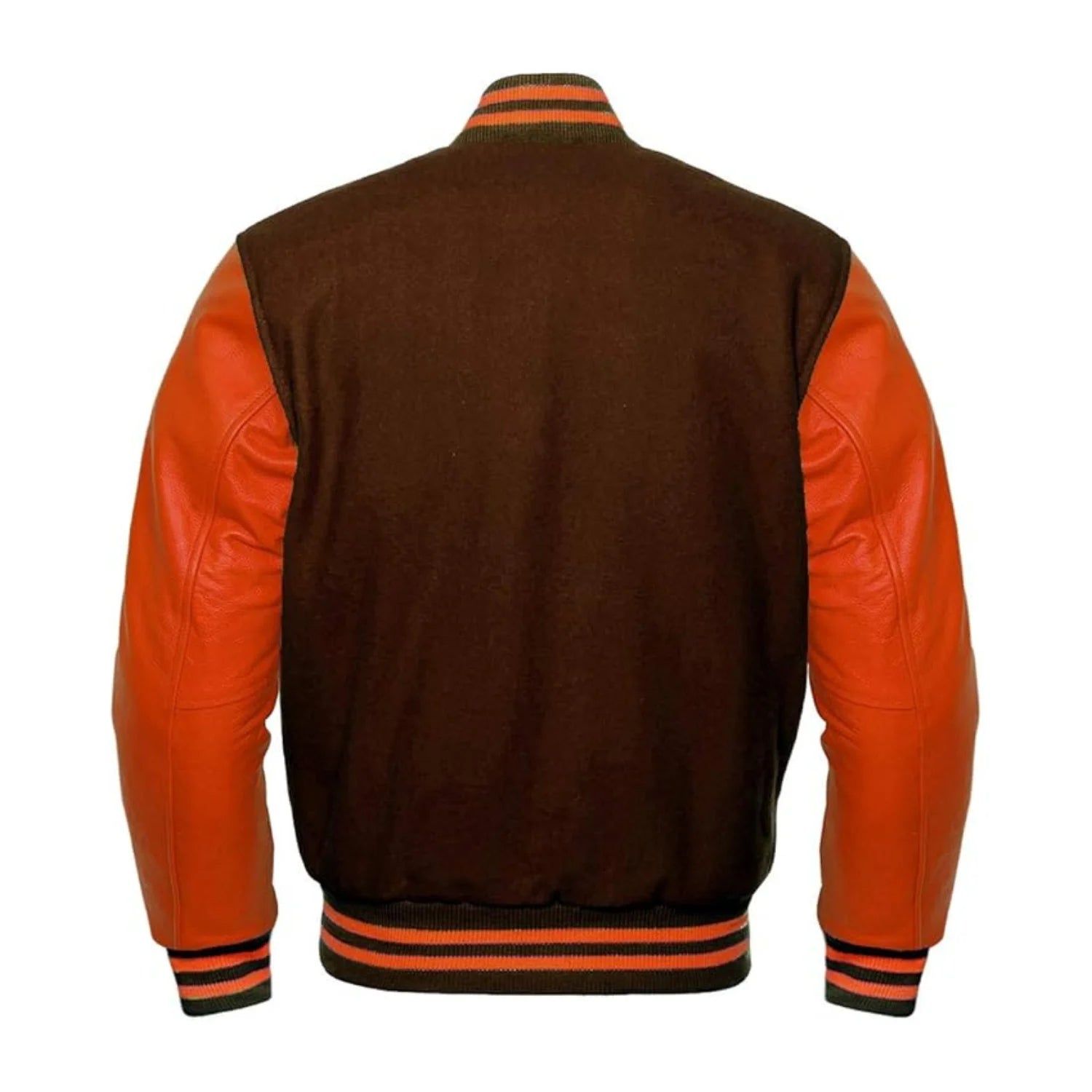 Brown Wool and Orange Leather Varsity Jacket Back Side