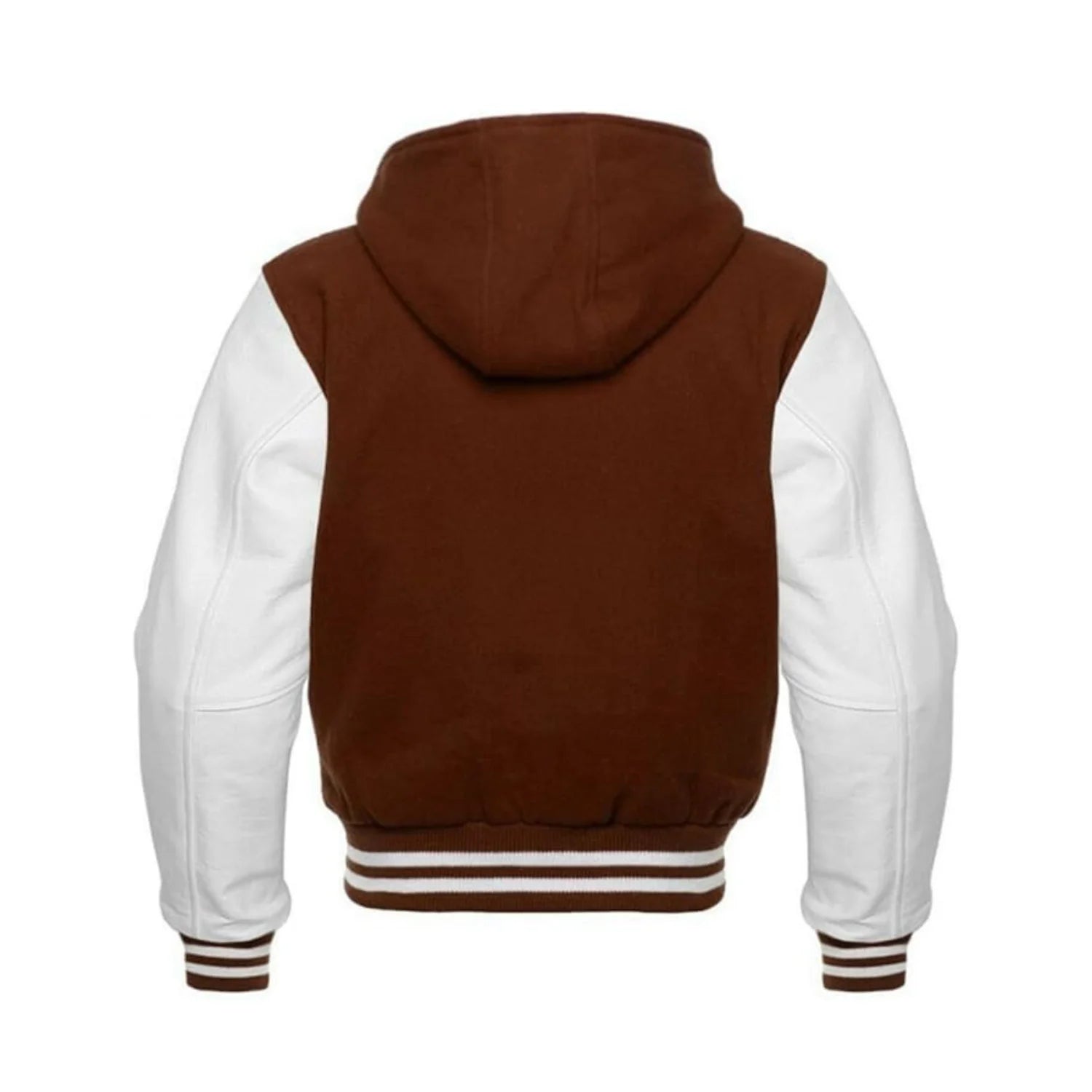 Brown Wool and White Leather Hooded Varsity Jacket Back Side