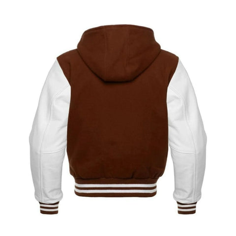Brown Wool and White Leather Hooded Varsity Jacket Back Side