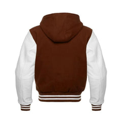 Brown Wool and White Leather Hooded Varsity Jacket Back Side