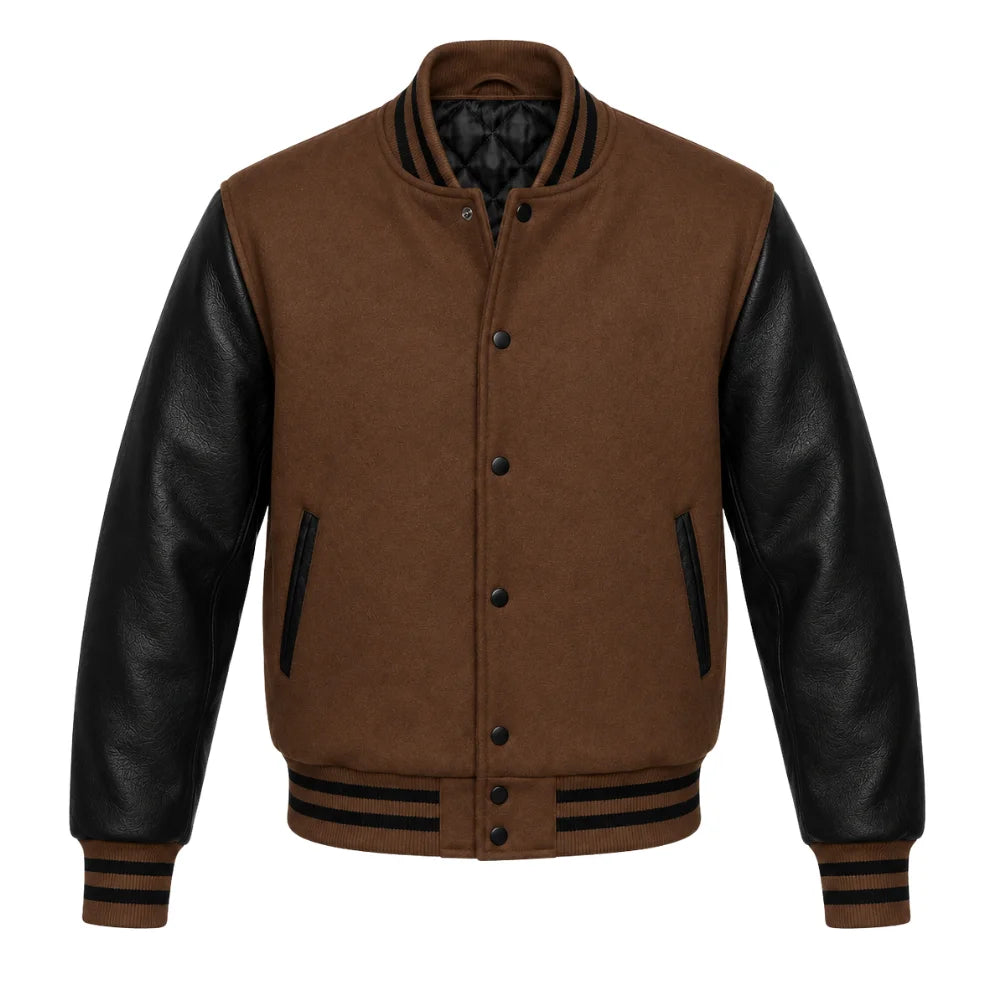 Brown and Black Varsity Jacket with Wool Body and Leather Sleeves