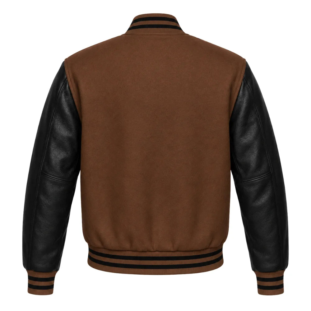 Brown and Black Varsity Jacket with Wool Body and Leather Sleeves Back View