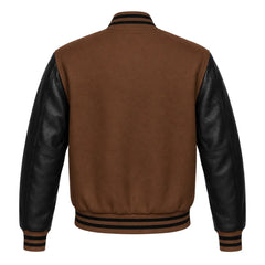 Brown and Black Varsity Jacket with Wool Body and Leather Sleeves Back View