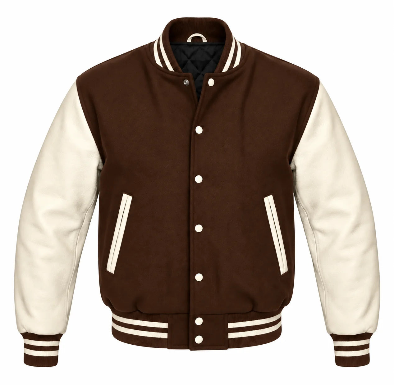 Brown and Cream Varsity Jacket with Wool Body and Leather Sleeves