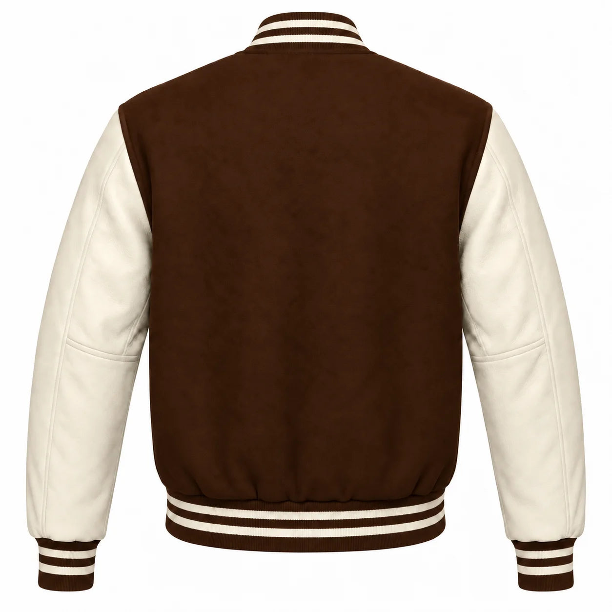 Brown and Cream Varsity Jacket with Wool Body and Leather Sleeves Back View