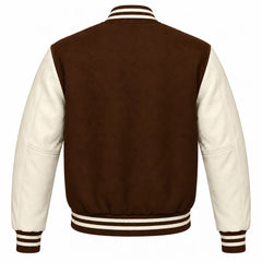 Brown and Cream Varsity Jacket with Wool Body and Leather Sleeves Back View