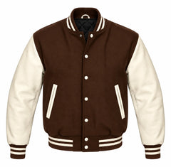 Brown and Cream Varsity Jacket with Wool Body and Leather Sleeves