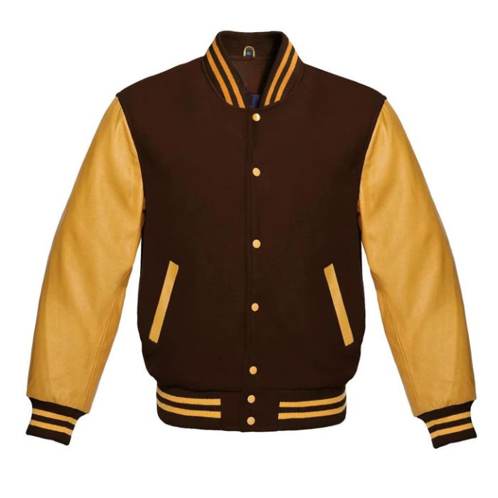 Brown and Gold Varsity Jacket - Brown Wool Body with Gold Leather Sleeves