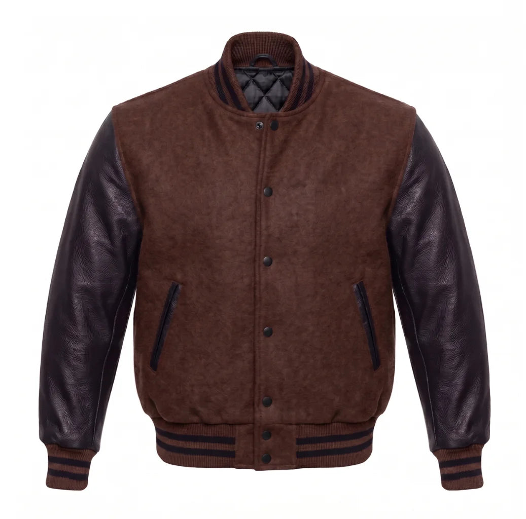 Brown and Black Varsity Jacket with Wool Body and Leather Sleeves