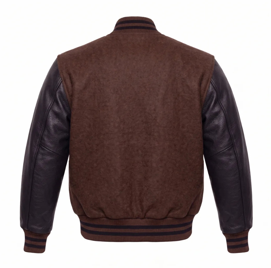 Brown and Black Varsity Jacket with Wool Body and Leather Sleeves Back View