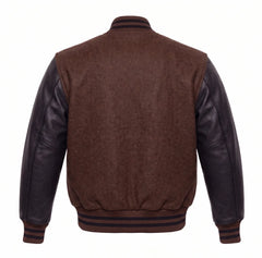 Brown and Black Varsity Jacket with Wool Body and Leather Sleeves Back View