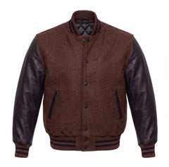 Brown and Black Varsity Jacket with Wool Body and Leather Sleeves
