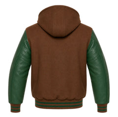 Brown and Green Hooded Varsity Jacket