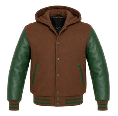 Brown and Green Hooded Varsity Jacket
