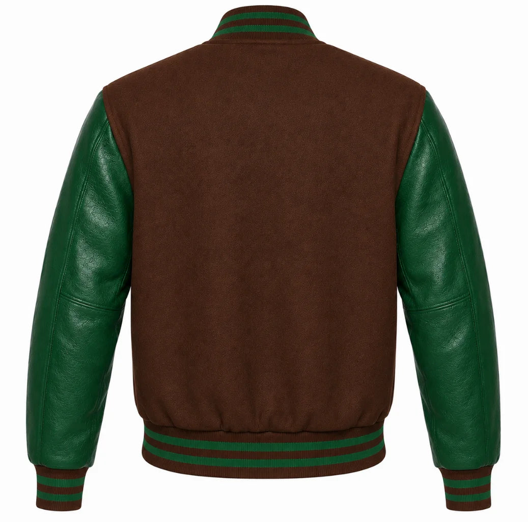 Brown wool varsity jacket with green leather sleeves, back view