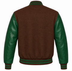 Brown wool varsity jacket with green leather sleeves, back view
