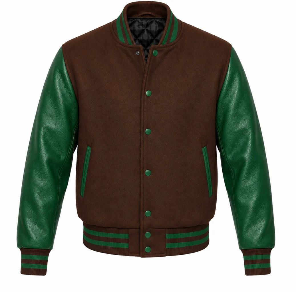 Brown melton wool varsity jacket with green cowhide sleeves, front view
