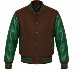 Brown melton wool varsity jacket with green cowhide sleeves, front view