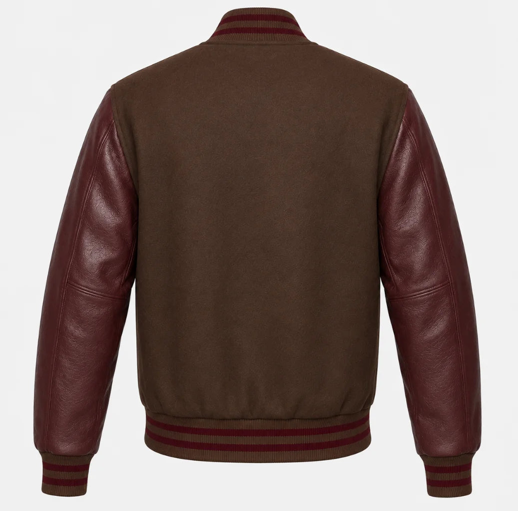 Brown wool letterman jacket with maroon cowhide sleeves, back view